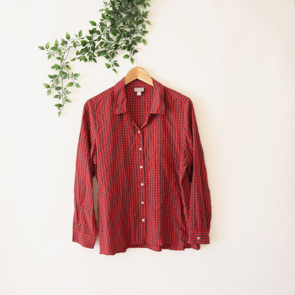 J.Jill Long Sleeve Gray Red Check Long Sleeve Rayon Collared Button Top M PETITE - Picture 1 of 4